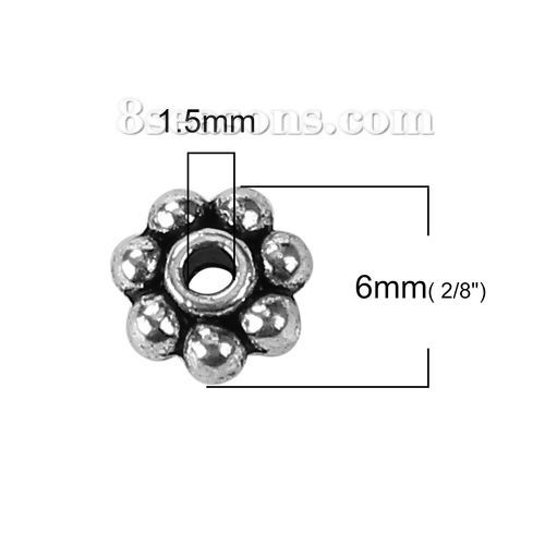Imagen de Zamak Cuentas Copo de nieve Navidad Plata Antigua 6mm x 6mm, Agujero: Aprox 1.5mm, 300 Unidades