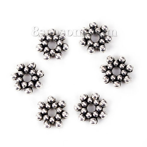 Picture of Zinc Based Alloy Spacer Beads Christmas Snowflake Antique Silver Color 7mm x 7mm, Hole: Approx 1.5mm, 300 PCs