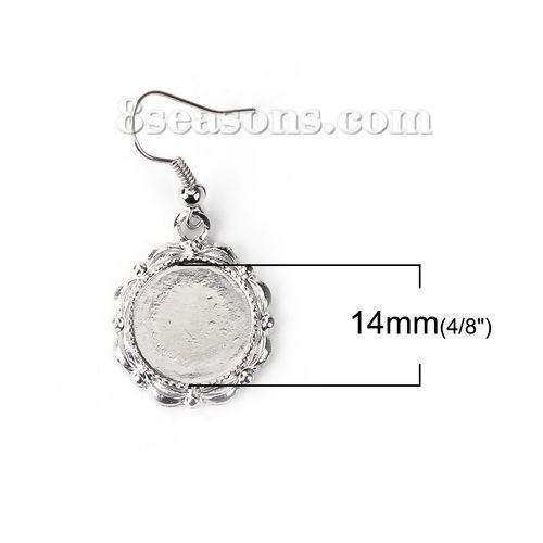 Picture of Zinc Based Alloy Earrings Findings Round Silver Tone Cabochon Settings (Fit 14mm Dia.) 41mm(1 5/8") x 19mm( 6/8"), Post/ Wire Size: (21 gauge), 10 PCs