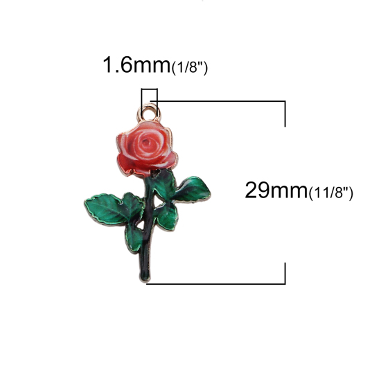 Изображение Цинковый Сплав Подвески Роза Позолоченный Красный & Зеленый С Эмалью 29мм x 20мм, 10 ШТ