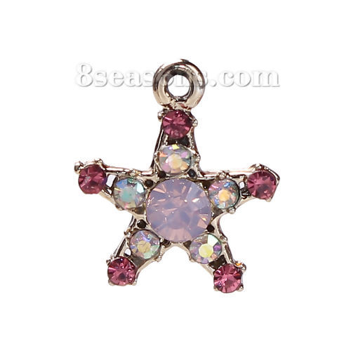 Imagen de Zamak Colgantes Charms Estrellas de cinco puntos Tono de Plata Rosado AB Color Rhinestone 19mm x 16mm, 10 Unidades
