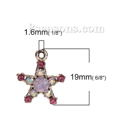 Imagen de Zamak Colgantes Charms Estrellas de cinco puntos Tono de Plata Rosado AB Color Rhinestone 19mm x 16mm, 10 Unidades