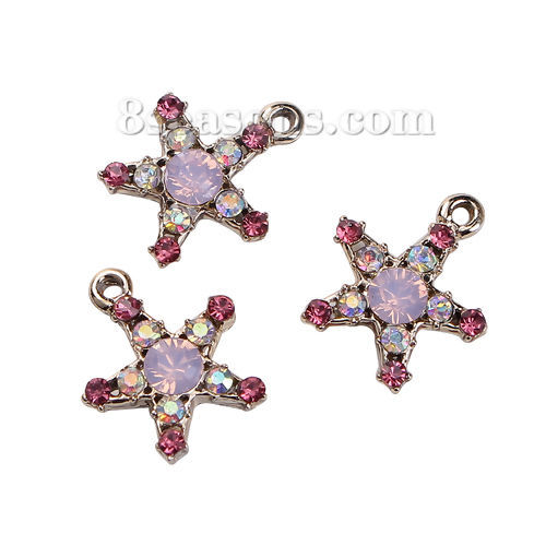 Imagen de Zamak Colgantes Charms Estrellas de cinco puntos Tono de Plata Rosado AB Color Rhinestone 19mm x 16mm, 10 Unidades
