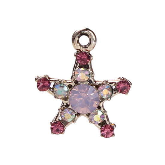 Imagen de Zamak Colgantes Charms Estrellas de cinco puntos Tono de Plata Rosado AB Color Rhinestone 19mm x 16mm, 10 Unidades