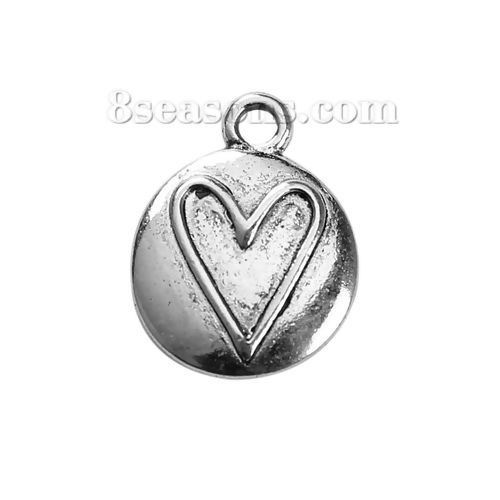 Picture of Zinc Based Alloy Charms Round Antique Silver Color Heart 19mm( 6/8") x 15mm( 5/8"), 20 PCs