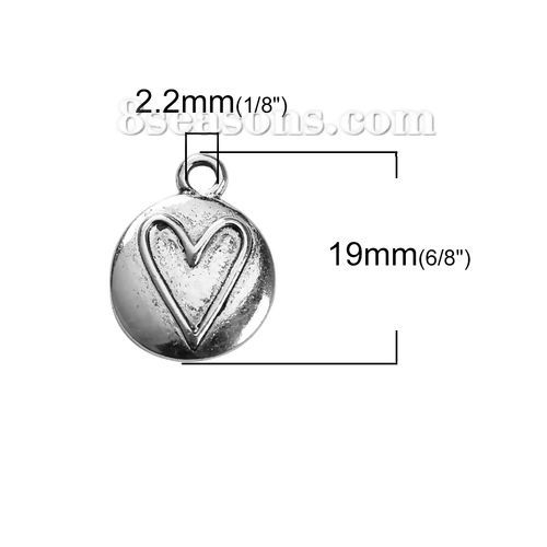 Picture of Zinc Based Alloy Charms Round Disc Antique Silver Color Heart 19mm( 6/8") x 15mm( 5/8"), 20 PCs