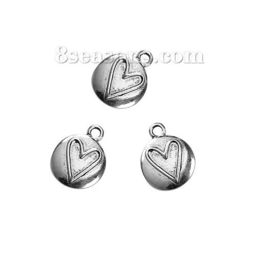 Picture of Zinc Based Alloy Charms Round Disc Antique Silver Color Heart 19mm( 6/8") x 15mm( 5/8"), 20 PCs