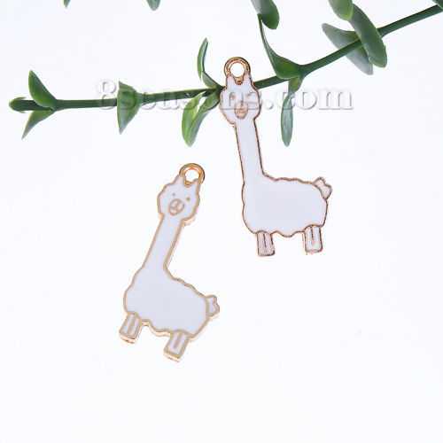 Picture of Zinc Based Alloy Pendants Alpaca Animal Gold Plated White Enamel 32mm(1 2/8") x 14mm( 4/8"), 10 PCs