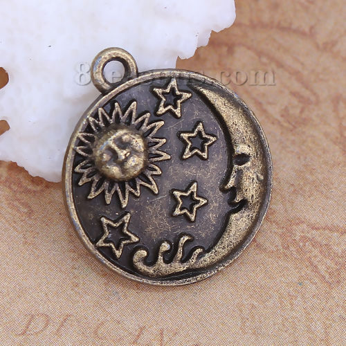 Picture of Zinc Based Alloy Charms Round Antique Bronze Sun And Moon Face 23mm( 7/8") x 20mm( 6/8"), 20 PCs