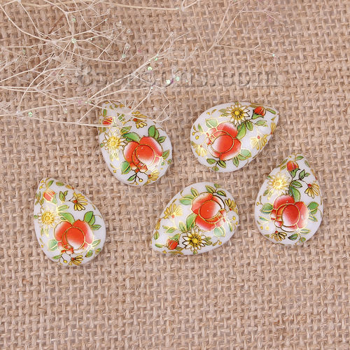 Picture of Resin Japan Painting Vintage Japanese Tensha Dome Seals Cabochon Drop White Flower Pattern 25mm(1") x 18mm( 6/8"), 5 PCs