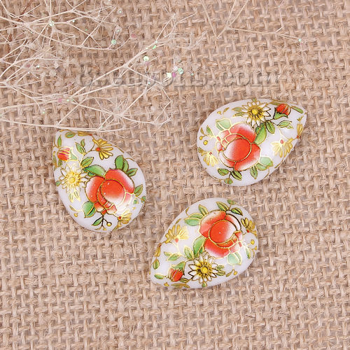 Picture of Resin Japan Painting Vintage Japanese Tensha Dome Seals Cabochon Drop White Flower Pattern 25mm(1") x 18mm( 6/8"), 5 PCs
