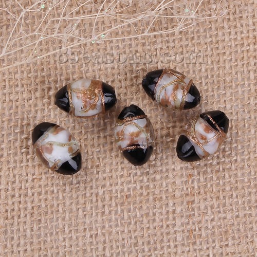 Picture of Lampwork Glass Beads Oval Black & White Glitter About 19mm x 12mm - 17mm x 11mm, Hole: Approx 2mm, 10 PCs