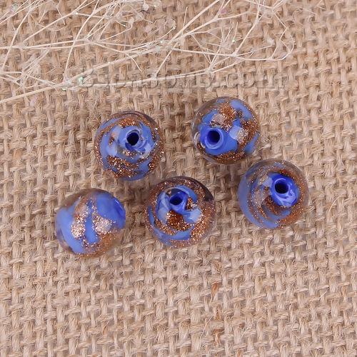 Picture of Lampwork Glass Beads Round Deep Blue Glitter About 12mm Dia, Hole: Approx 2mm, 10 PCs