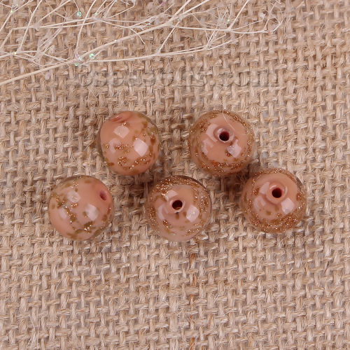 Picture of Lampwork Glass Beads Round Light Beige Glitter About 12mm Dia, Hole: Approx 2.1mm, 10 PCs