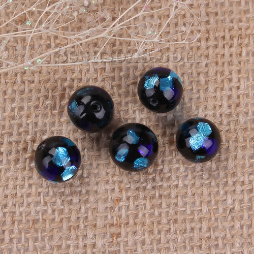 Picture of Lampwork Glass Beads Round Blue Foil About 10mm Dia, Hole: Approx 1.3mm, 3 PCs