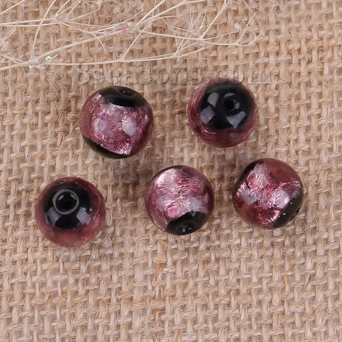 Picture of Lampwork Glass Beads Round Purple Foil About 12mm Dia, Hole: Approx 1.9mm, 3 PCs