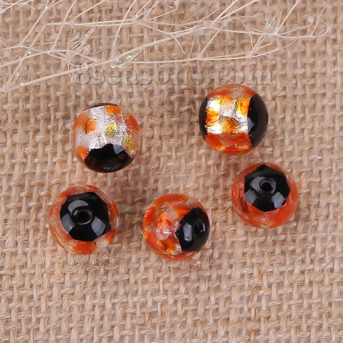 Picture of Lampwork Glass Beads Round Orange Foil About 12mm Dia, Hole: Approx 2mm, 3 PCs