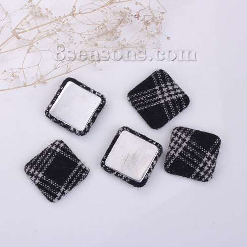 Picture of Zinc Based Alloy Embellishments Square Black Grid Checker Fabric Covered 28mm(1 1/8") x 28mm(1 1/8"), 10 PCs