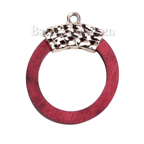 Picture of Wood Pendants Circle Ring Gold Plated Wine Red 35mm(1 3/8") x 28mm(1 1/8"), 5 PCs