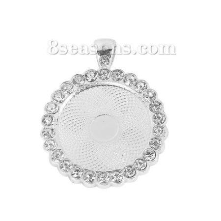 Picture of Zinc Based Alloy Pendants Round Disc Silver Plated Cabochon Settings (Fits 24mm - 25mm Dia.) Clear Rhinestone 43mm x 34mm, 3 PCs