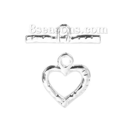 Bild von Zinklegierung Knebelverschluss Herz Versilbert 28mm x 24mm 34mm x 9mm, 10 Sets