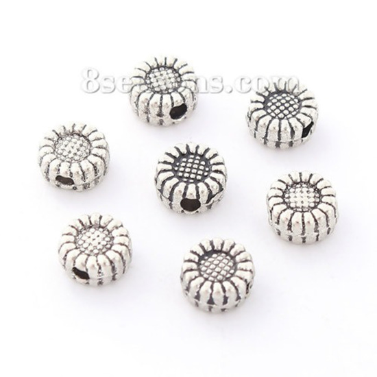 Bild von Zinklegierung Zwischenperlen Spacer Perlen Blumen Antiksilber ca. 6mm D., Loch:ca. 1.4mm, 100 Stück