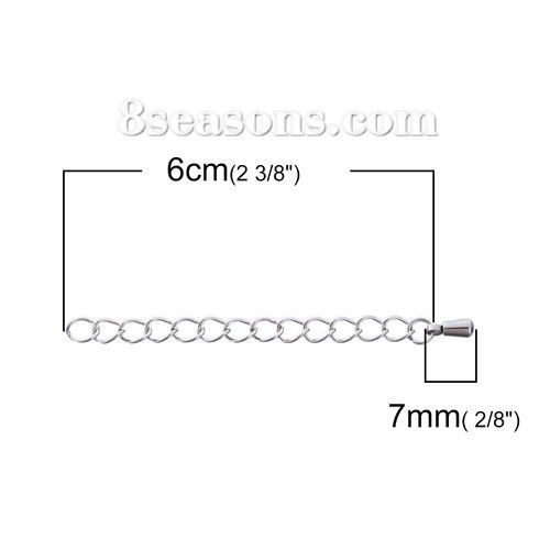 Picture of Stainless Steel Extender Chain For Jewelry Necklace Bracelet Silver Tone Drop 6cm(2 3/8") long, Usable Chain Length: 5cm, 10 PCs