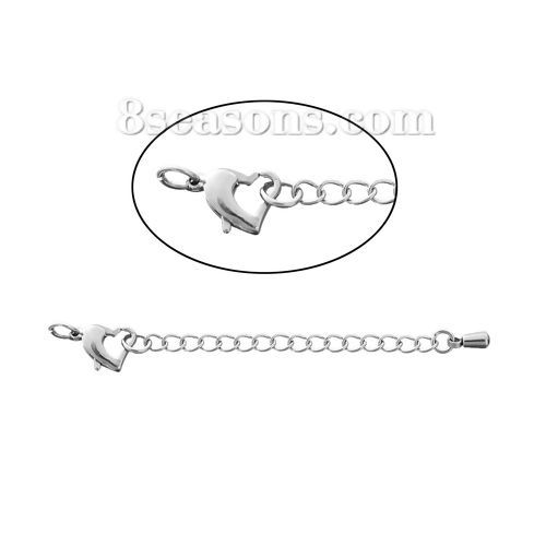Picture of Stainless Steel Extender Chain For Jewelry Necklace Bracelet Silver Tone Heart Drop 7.5cm(3") long, Usable Chain Length: 5cm, 2 PCs