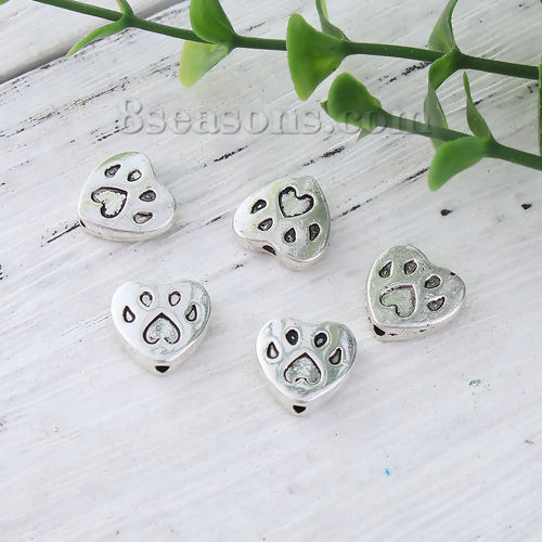 Picture of Zinc Based Alloy Spacer Beads Heart Antique Silver Color Bear Paw Print 12mm x 11mm, Hole: Approx 1.3mm, 50 PCs