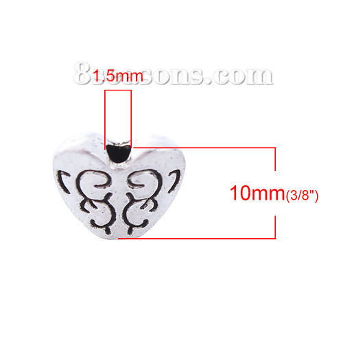 Picture of Zinc Based Alloy Spacer Beads Heart Antique Silver Color Carved 10mm x 10mm, Hole: Approx 1.5mm, 50 PCs