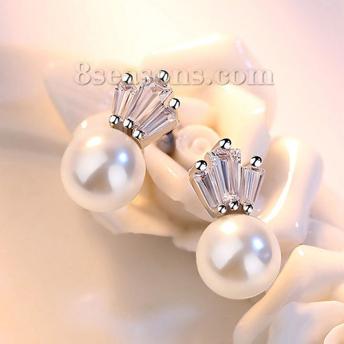 Picture of ABS Ear Post Stud Earrings Silver Tone White Crown Clear Rhinestone Imitation Pearl 15mm( 5/8") x 8mm( 3/8"), Post/ Wire Size: (21 gauge), 1 Pair