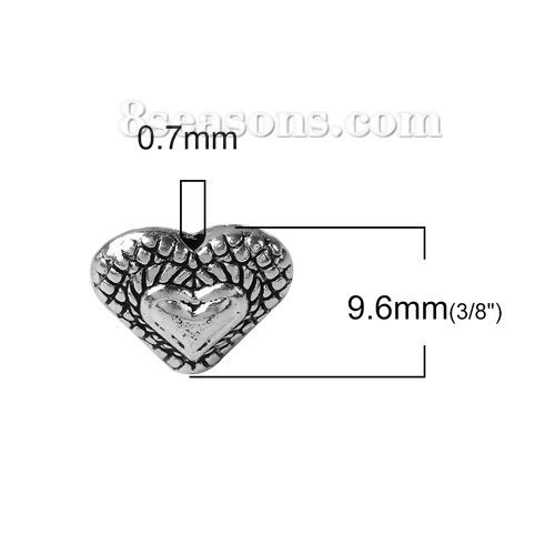 Bild von Zinklegierung Zwischenperlen Spacer Perlen Herz Antiksilber 11.6mm x 9.6mm, Loch:ca. 0.7mm, 60 Stück