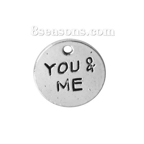 Imagen de Zamak Colgantes Charms Ronda Plata Antigua " YOU & ME " 16mm Dia, 50 Unidades