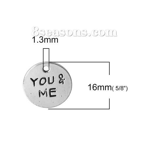 Imagen de Zamak Colgantes Charms Ronda Plata Antigua " YOU & ME " 16mm Dia, 50 Unidades