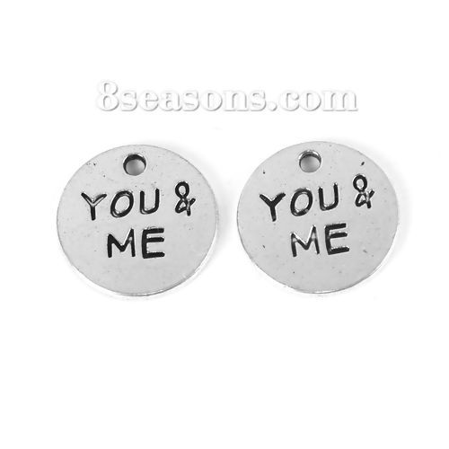 Imagen de Zamak Colgantes Charms Ronda Plata Antigua " YOU & ME " 16mm Dia, 50 Unidades