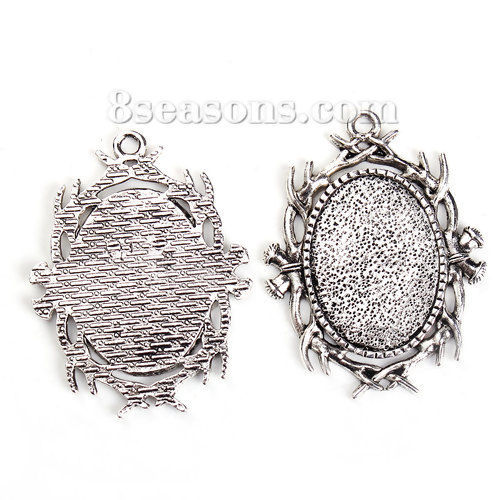 Picture of Zinc Based Alloy Pendants Oval Antique Silver Color Branch Cabochon Settings (Fits 25mmx18mm) 41mm x 31mm, 10 PCs
