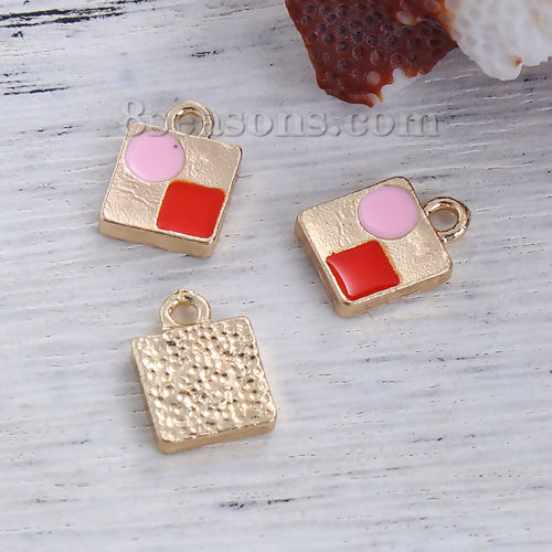 Picture of Zinc Based Alloy Makeup Charms Square Foundation Gold Plated Red Enamel 13mm( 4/8") x 9mm( 3/8"), 15 PCs