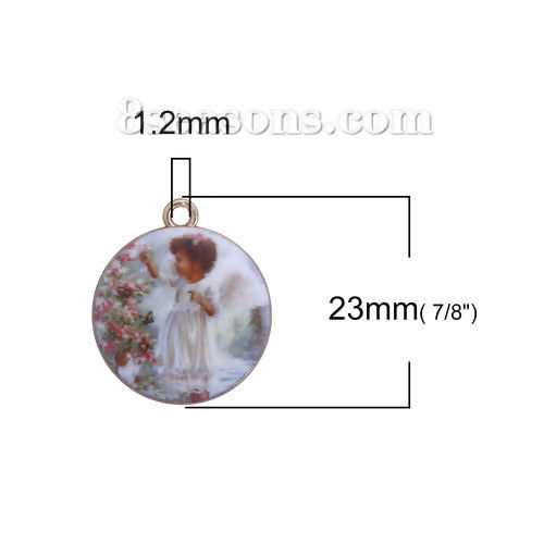Bild von Zinklegierung Charms Anhänger Rund Vergoldet Weiß Mädchen Emaille 23mm x 20mm, 10 Stück