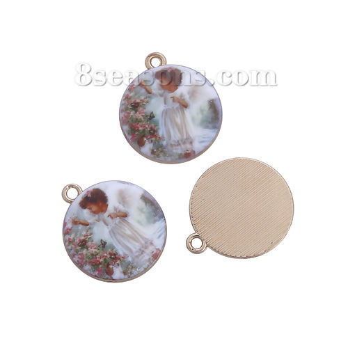Bild von Zinklegierung Charms Anhänger Rund Vergoldet Weiß Mädchen Emaille 23mm x 20mm, 10 Stück