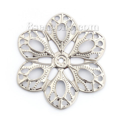 Picture of Iron Based Alloy Embellishments Flower Silver Tone Filigree 60mm(2 3/8") x 54mm(2 1/8"), 30 PCs
