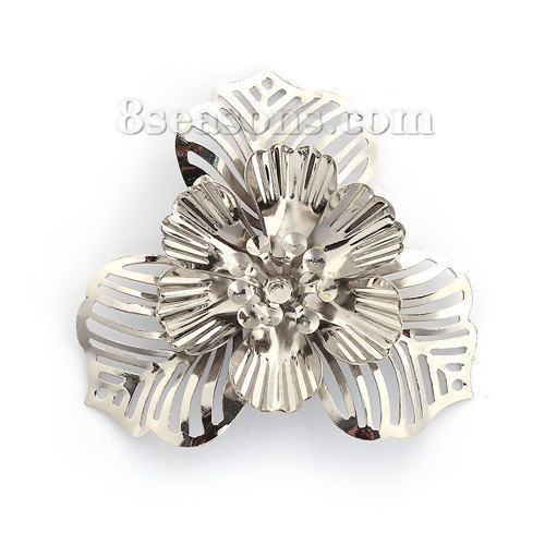 Picture of Iron Based Alloy Filigree Stamping Embellishments Flower Silver Tone Leaf (Can Hold ss10 Pointed Back Rhinestone) 48mm(1 7/8") x 47mm(1 7/8"), 10 PCs