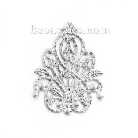 Iron Based Alloy Embellishments Flower Vine Silver Tone Filigree 35mm(1 3/8") x 26mm(1"), 100 PCs
