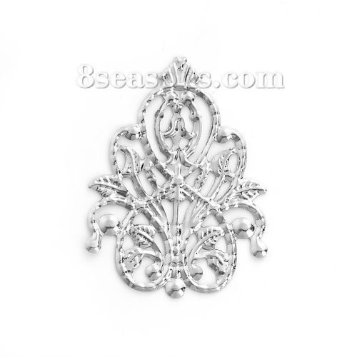 Picture of Iron Based Alloy Embellishments Flower Vine Silver Tone Filigree 35mm(1 3/8") x 26mm(1"), 100 PCs