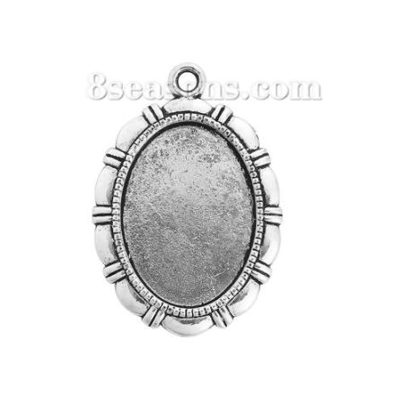 Immagine di Lega di Zinco Charm Ciondoli Ovale Argento Antico Basi per Cabochon (Adatto 28mm x 20mm) 42mm x 29mm, 10 Pz