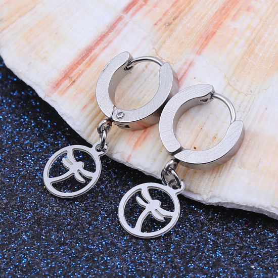 Picture of 304 Stainless Steel Hoop Earrings Silver Tone Round Dragonfly 30mm(1 1/8") x 14mm( 4/8"), Post/ Wire Size: (19 gauge), 1 Pair