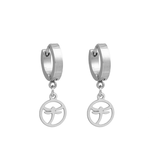 Picture of 304 Stainless Steel Hoop Earrings Silver Tone Round Dragonfly 30mm(1 1/8") x 14mm( 4/8"), Post/ Wire Size: (19 gauge), 1 Pair