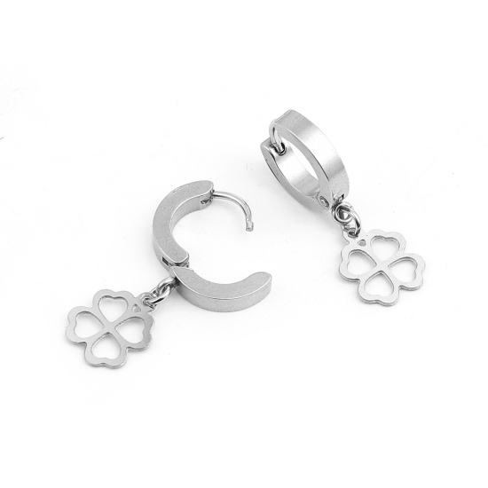 Imagen de 304 Acero Inoxidable Pendientes Círculos Tono de Plata Trébol de cuatro hojas 29mm x 14mm, Post/ Wire Size: (19 gauge), 1 Par