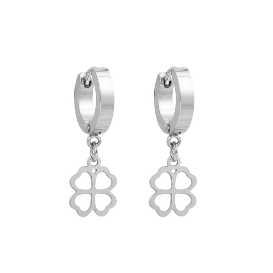 Imagen de 304 Acero Inoxidable Pendientes Círculos Tono de Plata Trébol de cuatro hojas 29mm x 14mm, Post/ Wire Size: (19 gauge), 1 Par