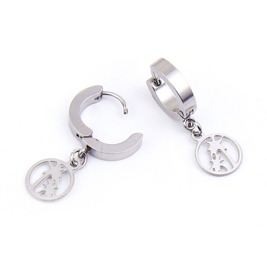 Imagen de 304 Acero Inoxidable Pendientes Círculos Tono de Plata Árbol de coco Ronda 30mm x 14mm, Post/ Wire Size: (19 gauge), 1 Par