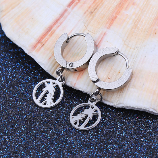 Imagen de 304 Acero Inoxidable Pendientes Círculos Tono de Plata Árbol de coco Ronda 30mm x 14mm, Post/ Wire Size: (19 gauge), 1 Par